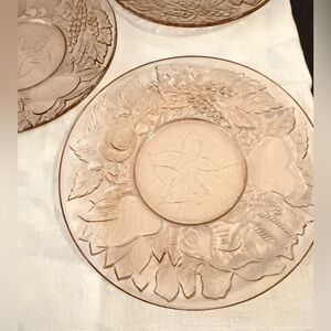4 KIG Indonesia Pink 7” embossed salad plates. Fruits themed. Circa 1970s